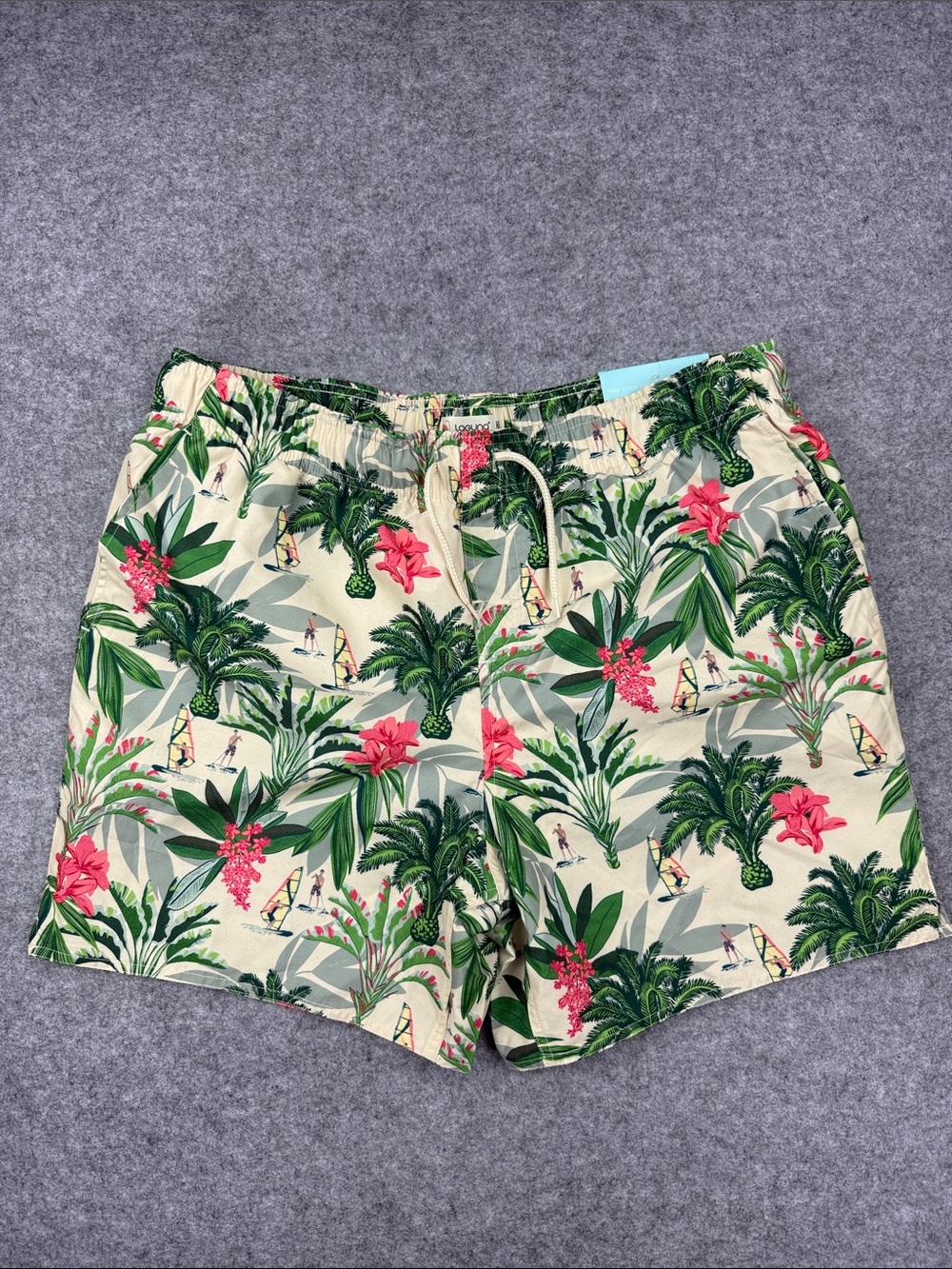 Tropical Print Men's Swim Trunks in Cream with Green & Pink